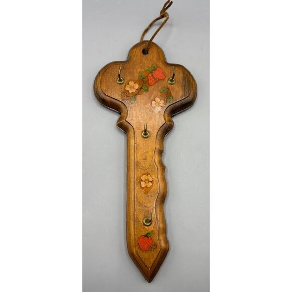 Vtg Decorative Wooden Key Shaped Wall Hook Strawberry Flower Hanging - Picture 1 of 5